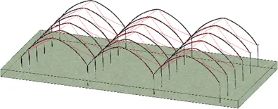 Schéma tří lodí blokového tunelu s lanky lattice vyznačenými červeně: šikmá lanka od noh k obloukům tvoří uvnitř tunelu síť.
